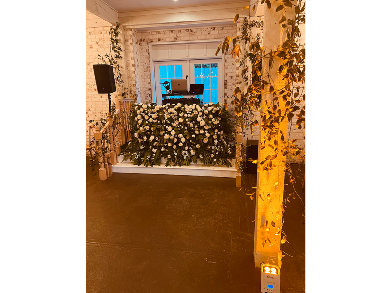 Floral DJ Booth White Roses Wildflower Barn Milton GA wedding